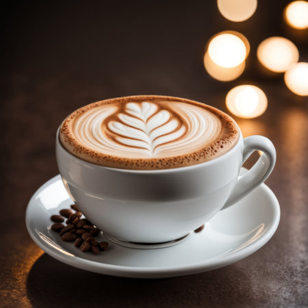 Cup of cappuccino with latte art on dark backgroundの素材