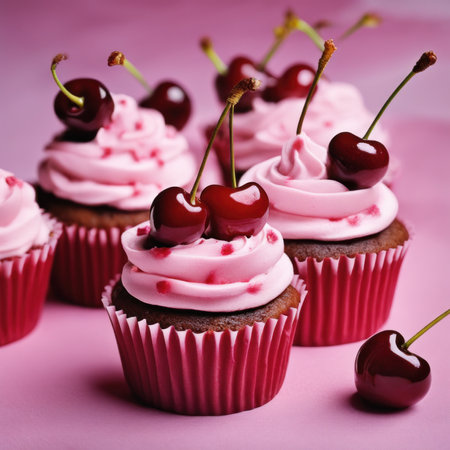 Cupcakes with cherries on a pink background. Selective focus.の素材