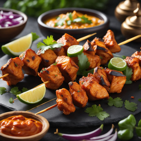 Chicken tikka kebab on skewers served with lime and onionの素材
