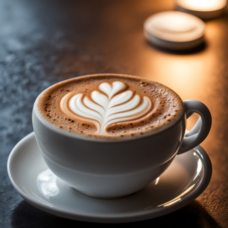 Cup of cappuccino with latte art on wooden tableの素材