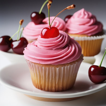 Cupcake with cherry on a white plate on a gray backgroundの素材