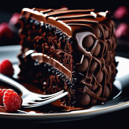 Chocolate cake with raspberries on a black background. Selective focus.の素材