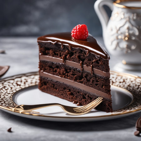 Piece of chocolate cake with raspberries and chocolate glazeの素材