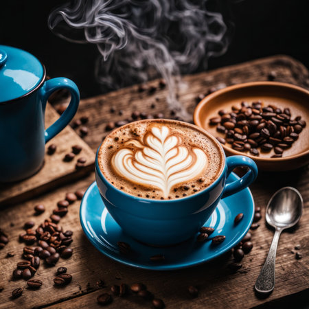 Cup of coffee with latte art and coffee beans on wooden tableの素材