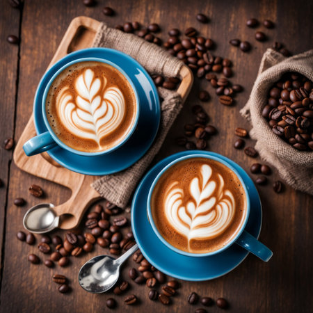 Coffee cup and saucer with latte art on wooden backgroundの素材