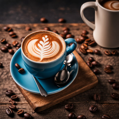 Coffee cup with latte art on wooden table background.の素材