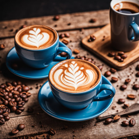 Two blue cups of cappuccino or latte art coffee with coffee beans on wooden backgroundの素材