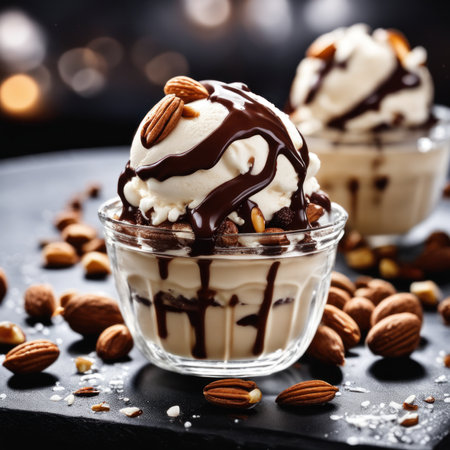 Creamy vanilla ice cream with chocolate sauce and nuts on dark backgroundの素材