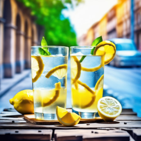 Two glasses of lemonade with ice and lemon slices on a wooden tableの素材