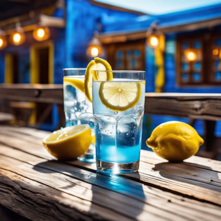 Cocktails with lemon and ice on a wooden table in a restaurantの素材