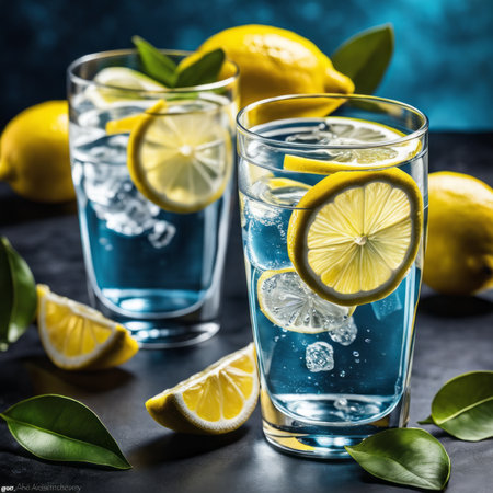Fresh lemonade with ice and lemon slices on a dark background.の素材