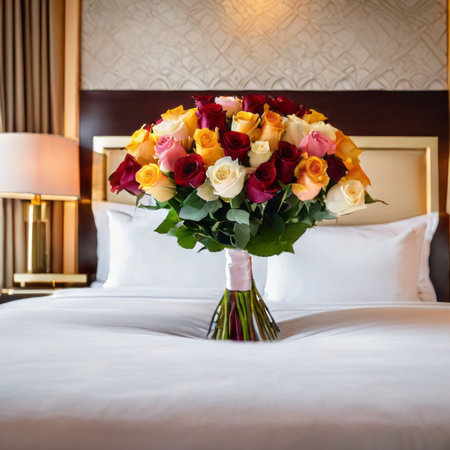 Wedding bouquet of roses on a bed in a hotel roomの素材
