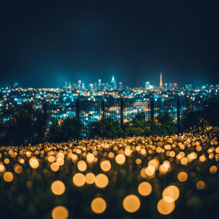 Night view of the city and the lights from the lanterns.の素材
