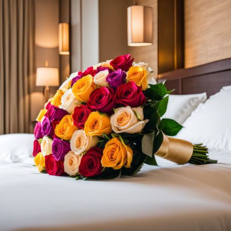 Wedding bouquet of roses on the bed in the hotel roomの素材