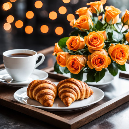 Cup of coffee and croissant with orange roses on wooden trayの素材