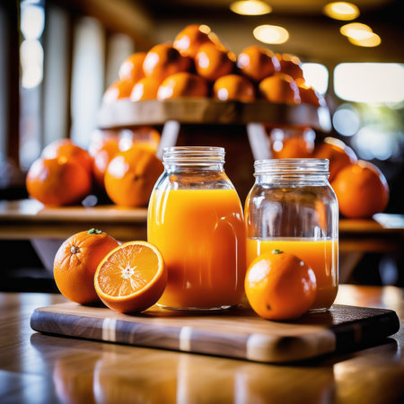 Fresh orange juice in a glass jar on a wooden table in a cafeの素材