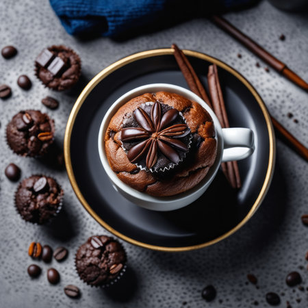 Chocolate muffins in a cup of coffee on a gray backgroundの素材
