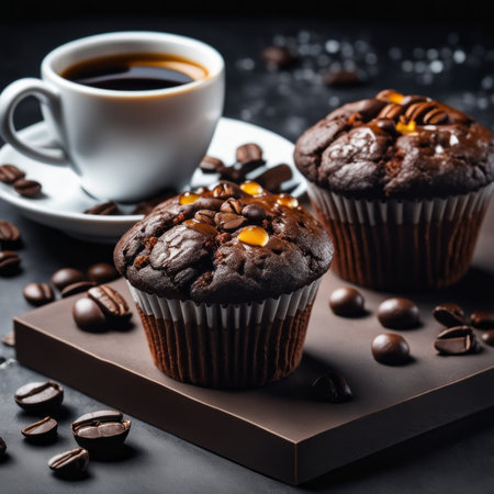 Chocolate muffins with coffee beans and cup of coffee on dark backgroundの素材