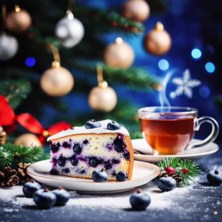 Blueberry cake with cup of tea and christmas tree on backgroundの素材
