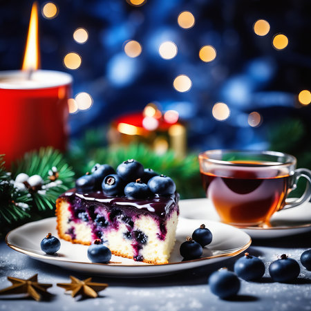 Blueberry cheesecake with cup of tea and christmas lights on backgroundの素材