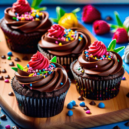 Chocolate cupcakes decorated with whipped cream and sprinkles. Shallow dof.の素材