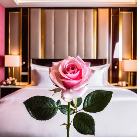 Pink rose on bed decoration in hotel bedroom interior - Vintage Light Filterの素材