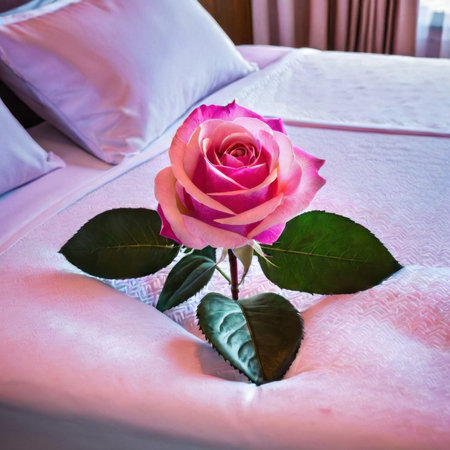 Pink rose on the bed in the hotel room. Romantic concept.の素材