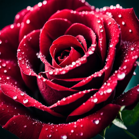 Close up of red rose with water droplets on petals.の素材