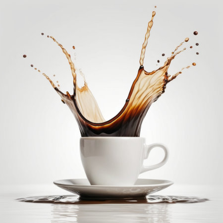 Coffee splash in white cup, isolated on white background.の素材