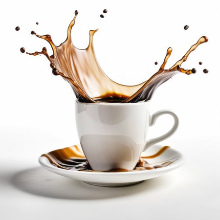 Cup of coffee with splash on white background. 3d renderingの素材