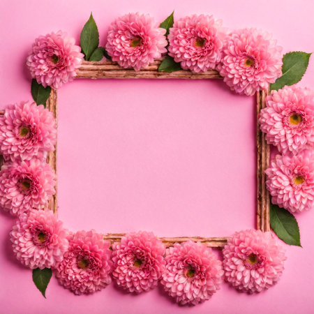 Frame of pink chrysanthemums on a pink background.の素材