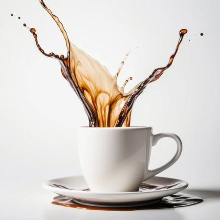 Coffee splashing out of a cup on a white backgroundの素材
