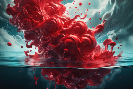 Red paint splashing in water. 3d render illustration. Abstract background.の素材