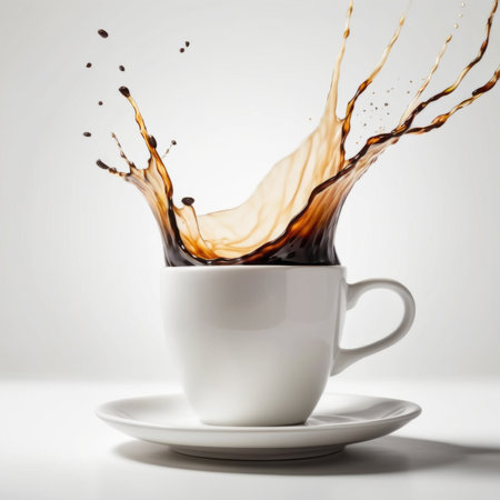 Coffee splashing out of a cup on a white backgroundの素材