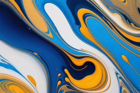 Abstract background of acrylic paint in blue and yellow tones. Liquid marble patternの素材