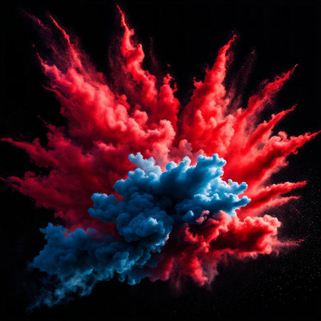 Explosion of red and blue smoke on black background. 3D renderingの素材