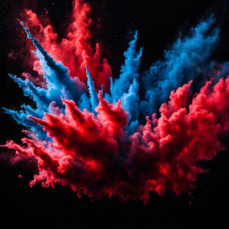 abstract red and blue cloud explosion on black background. 3d renderingの素材