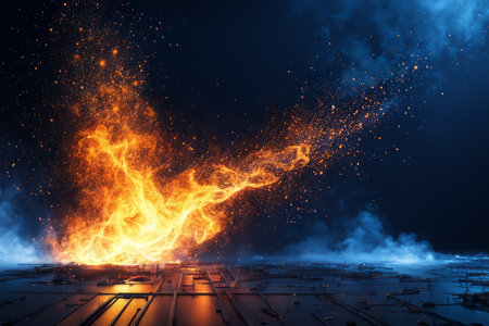 Burning steel in a factory on a dark blue sky background.の素材