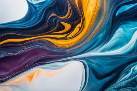 abstract background of blue, orange and yellow paint mixing in waterの素材