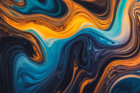 Abstract colorful marble background. Acrylic paint texture. Blue, orange, yellow colors.の素材