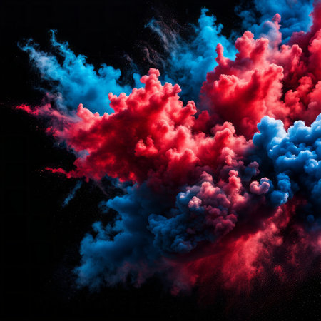 Red and blue clouds of smoke on a black background. 3d renderingの素材
