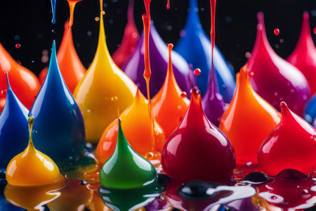 Colorful paint drop splashing on black background. Macro shot.の素材