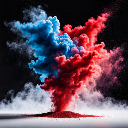 Red and blue smoke explosion on black background. 3D Renderingの素材