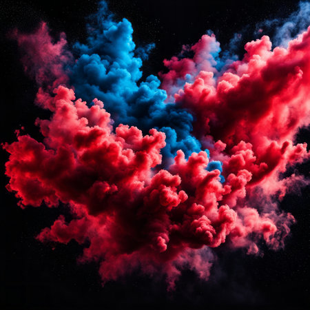 Red and blue cloud of smoke on a black background. 3d renderingの素材