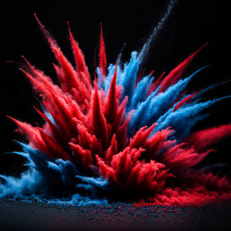 Explosion of colored powder, isolated on black background. Abstract backgroundの素材