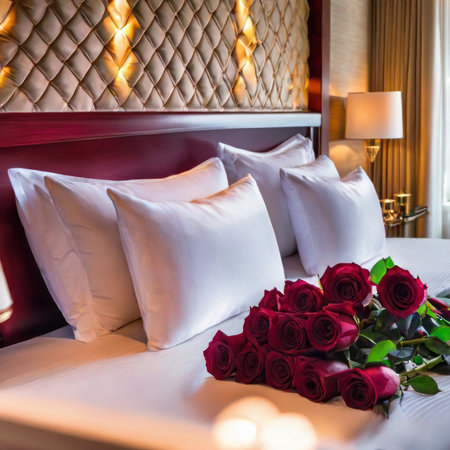 Beautiful luxury bedroom interior with red roses on bed and light lamp decorationの素材