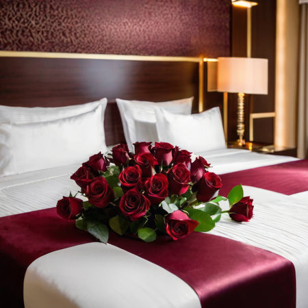 wedding bouquet of red roses on bed in hotel roomの素材