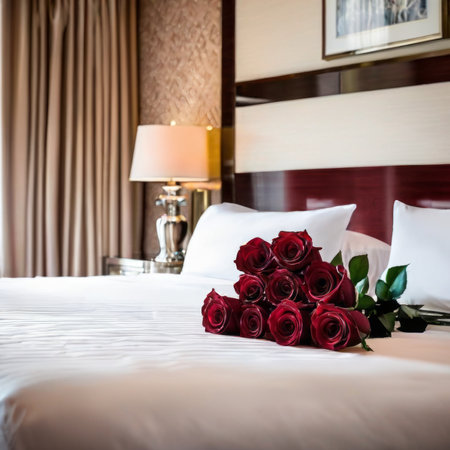 Luxury hotel bedroom interior with a bouquet of red rosesの素材