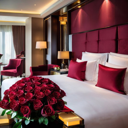 Luxury bedroom interior with red bedding and bouquet of rosesの素材