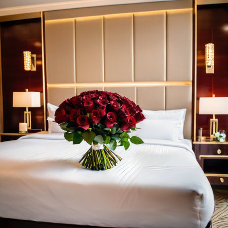 Bouquet of red roses on a bed in a hotel roomの素材
